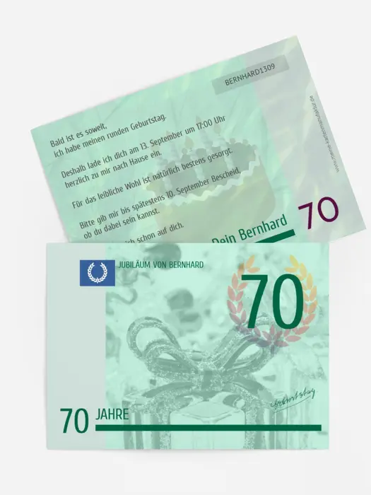 Einladungskarte zum Geburtstag Geldschein 70 Einladungskarte zum Geburtstag Geldschein 70