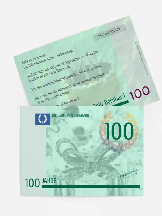 Einladungskarte zum Geburtstag Geldschein 100 Einladungskarte zum Geburtstag Geldschein 100