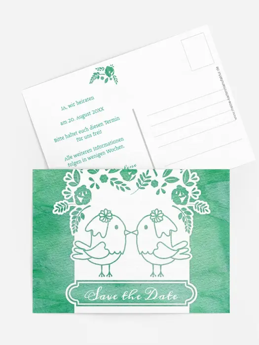 Save the Date Karte zur Hochzeit Vogelpaar Brautkleid Save the Date Karte zur Hochzeit Vogelpaar Brautkleid